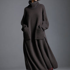 Brown knit maxi dress for women by Christine Brewer, featuring a long, flowing design with a cozy, textured knit fabric.