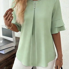 Sophia button-front women's top by Christine Brewer, featuring a stylish design and comfortable fit, shown in a close-up image.