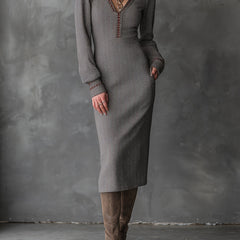Ash taupe herringbone knit midi dress by Christine Brewer, bohemian style with long sleeves and a fitted silhouette.