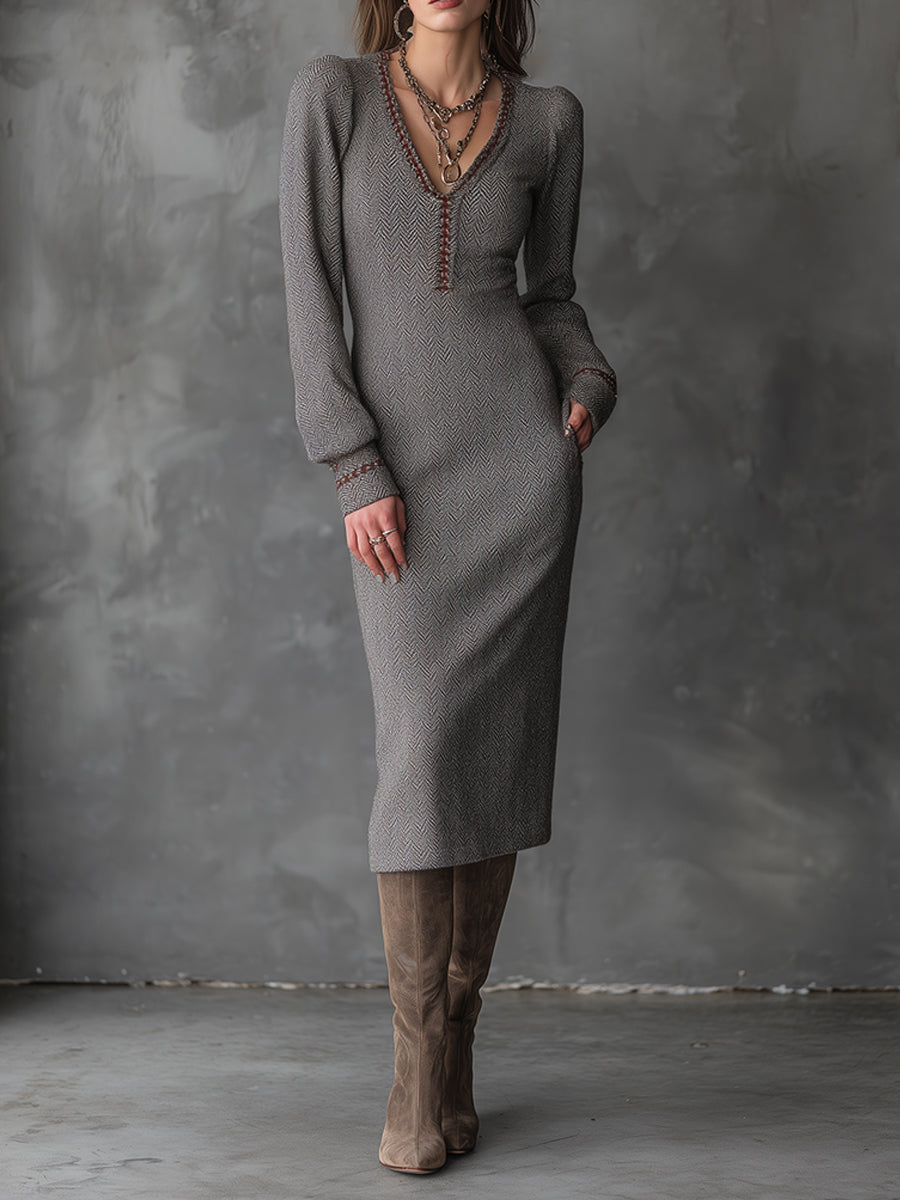 Ash taupe herringbone knit midi dress by Christine Brewer, bohemian style with long sleeves and a fitted silhouette.