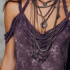 Purple boho tie-dye strappy cami top for women, short sleeve T-shirt by Christine Brewer with a vibrant, casual style.