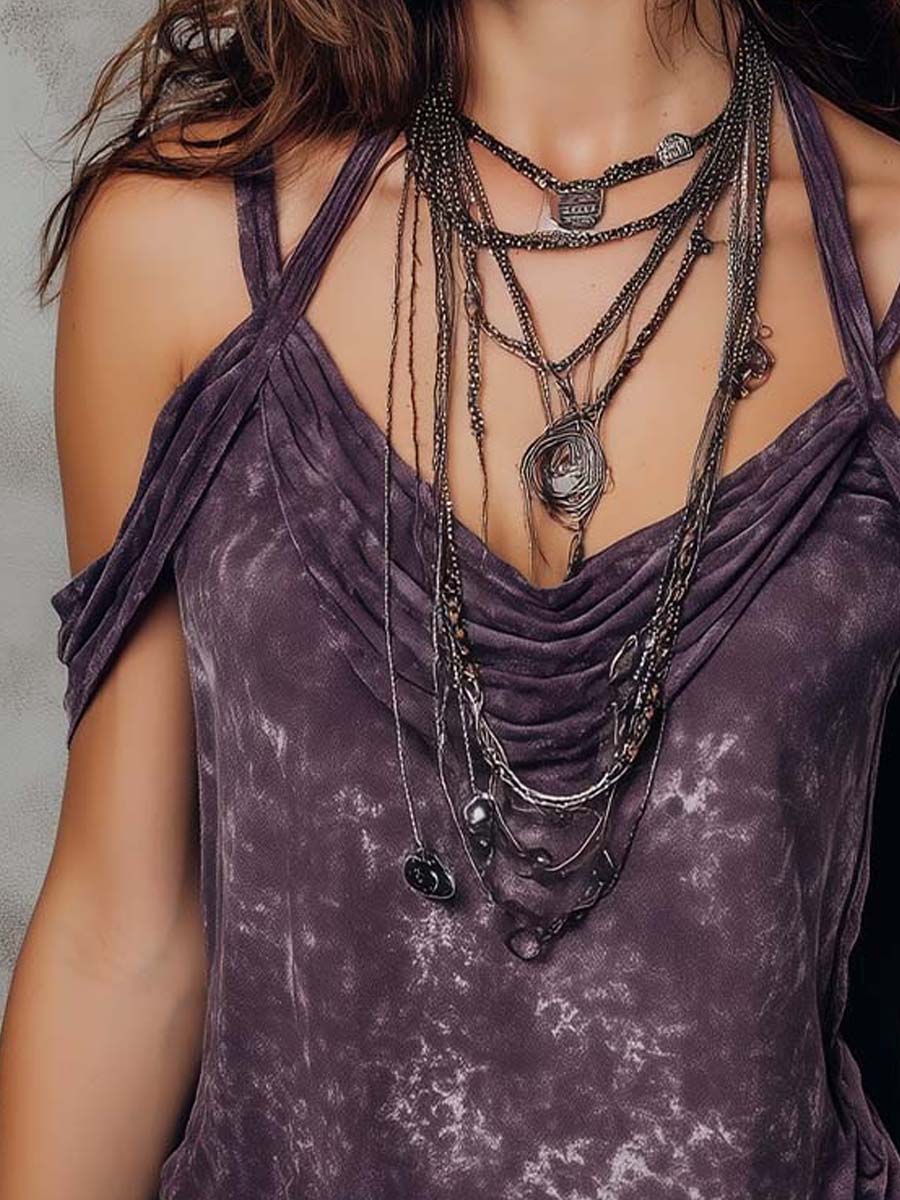 Purple boho tie-dye strappy cami top for women, short sleeve T-shirt by Christine Brewer with a vibrant, casual style.