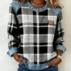 Genevieve patchwork sweatshirt for women by Christine Brewer, featuring a colorful, cozy hooded sweatshirt with patchwork design.