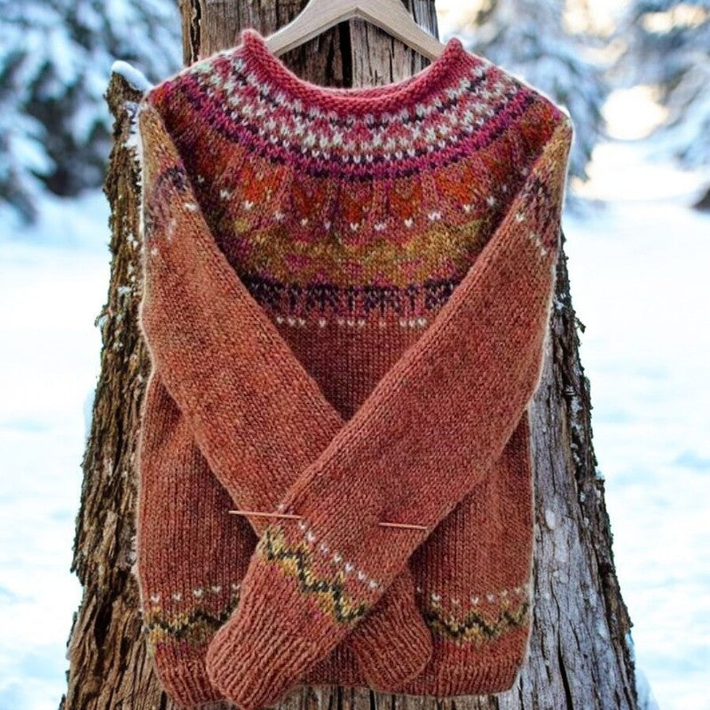Christine Brewer Frances Jacquard Sweater for Women, showcasing a detailed knit pattern and cozy fit in a neutral tone.