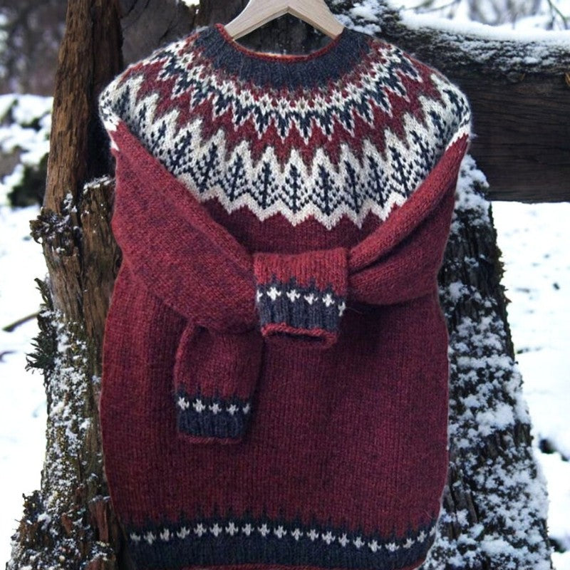 Christine Brewer Sara jacquard sweater for women, featuring intricate knit pattern, cozy fit, and stylish design.