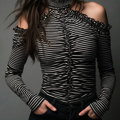 Black striped high neck cold-shoulder ruched T-shirt by Christine Brewer, featuring long sleeves and a fitted style.