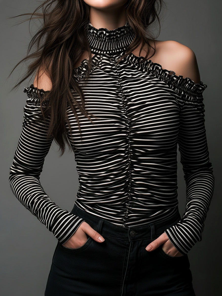 Black striped high neck cold-shoulder ruched T-shirt by Christine Brewer, featuring long sleeves and a fitted style.
