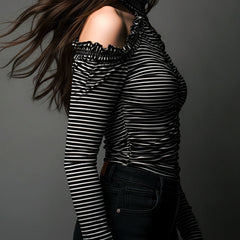Black striped high neck cold-shoulder ruched T-shirt by Christine Brewer, featuring a stylish high neckline and ruched details.