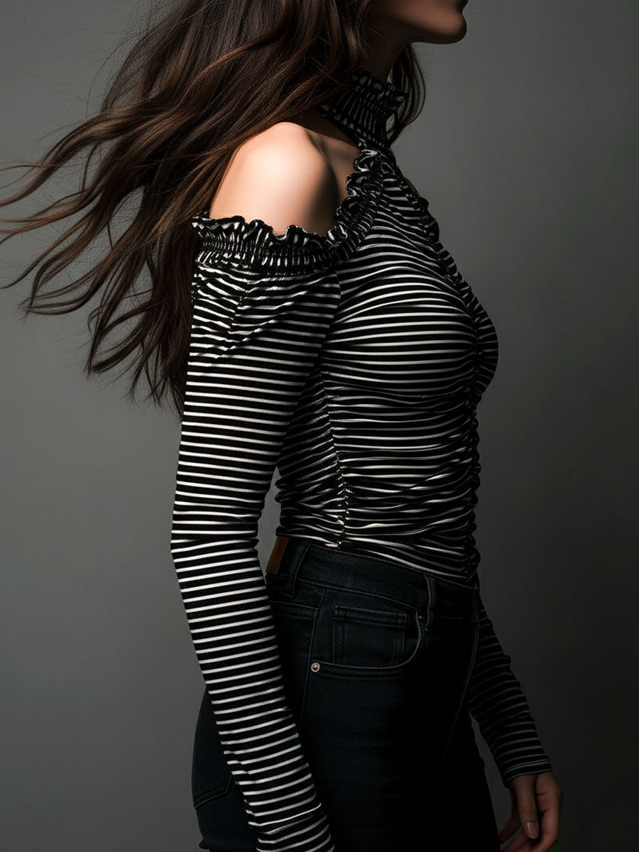 Black striped high neck cold-shoulder ruched T-shirt by Christine Brewer, featuring a stylish high neckline and ruched details.
