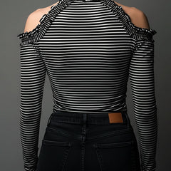 Black striped high neck cold-shoulder ruched T-shirt by Christine Brewer with long sleeves and a fitted design.