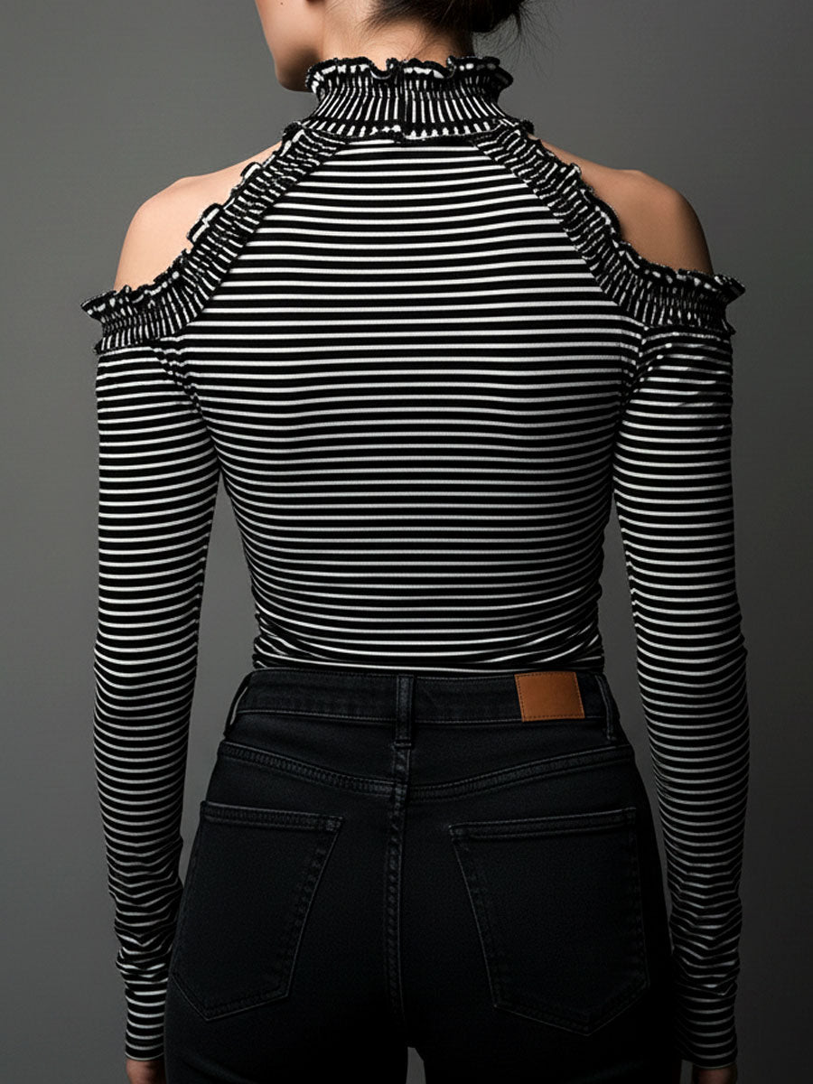 Black striped high neck cold-shoulder ruched T-shirt by Christine Brewer with long sleeves and a fitted design.