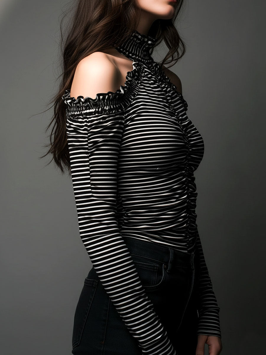 Black striped high neck cold-shoulder T-shirt with ruched details by Christine Brewer, featuring a fitted style and long sleeves.