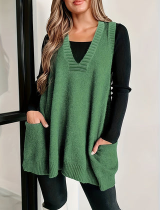 Kelly sleeveless knit sweater vest for women by Christine Brewer, featuring a V-neck design and a soft, textured fabric.