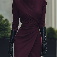 Deep Burgundy Draped Wrap Midi Dress by Christine Brewer, elegant summer business dress with draped design and midi length.