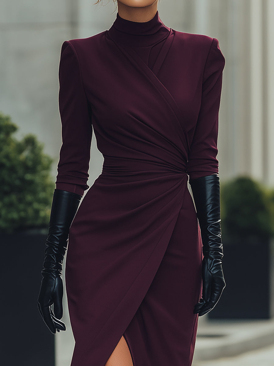 Deep Burgundy Draped Wrap Midi Dress by Christine Brewer, elegant summer business dress with draped design and midi length.