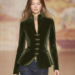 Dark green velvet blazer for women with gold buttons, stylish jacket from Christine Brewer, featuring a tailored fit and luxurious fabric.