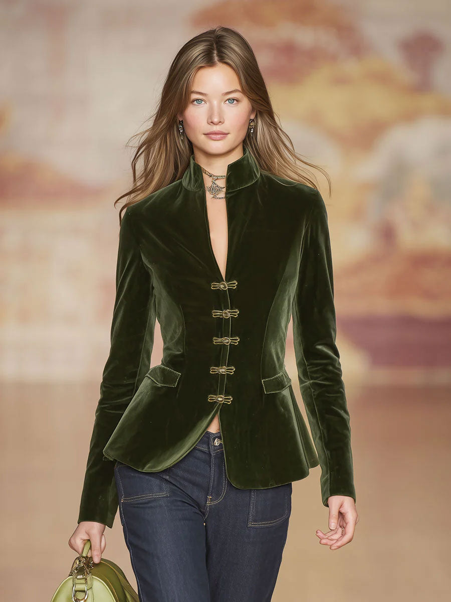 Dark green velvet blazer for women with gold buttons, stylish jacket from Christine Brewer, featuring a tailored fit and luxurious fabric.