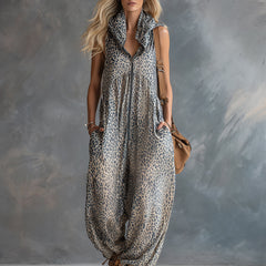 Women’s apricot leopard print chiffon jumpsuit with hood, featuring stylish pants by Christine Brewer.