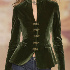 Dark green velvet blazer for women with gold button details, stylish Christine Brewer jacket, perfect for elegant office or evening wear.