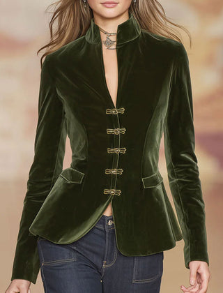 Dark green velvet blazer for women with gold button details, stylish Christine Brewer jacket, perfect for elegant office or evening wear.