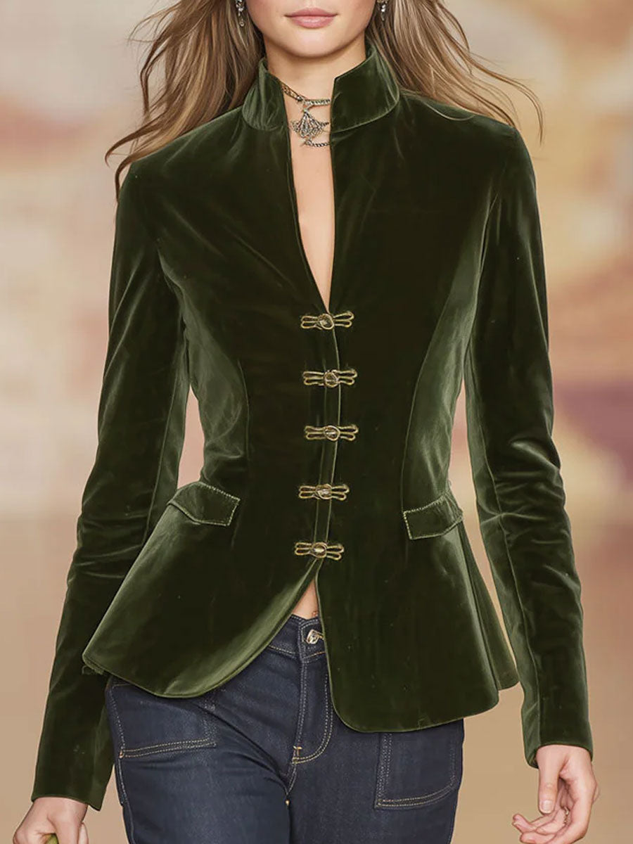 Dark green velvet blazer for women with gold button details, stylish Christine Brewer jacket, perfect for elegant office or evening wear.
