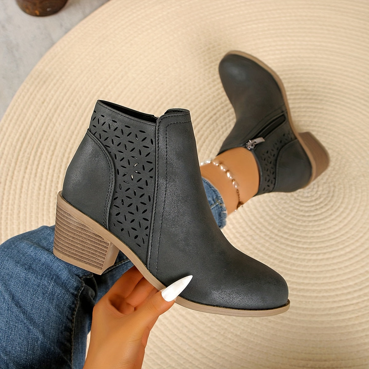 Talen | Ankle Boots Booties Women Winter Fall Laser Cut Cutout Breathable Wide Heel Heeled