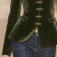 Dark green velvet blazer for women with gold buttons, stylish jacket from Christine Brewer, tailored fit and elegant design.