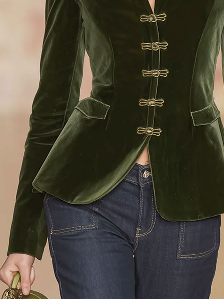 Dark green velvet blazer for women with gold buttons, stylish jacket from Christine Brewer, tailored fit and elegant design.