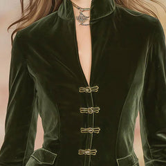 Dark green velvet blazer for women with gold buttons, stylish jacket from Christine Brewer, featuring a tailored fit and elegant design.
