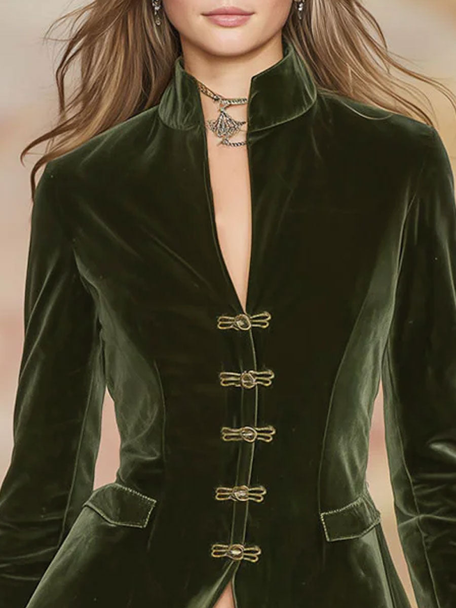 Dark green velvet blazer for women with gold buttons, stylish jacket from Christine Brewer, featuring a tailored fit and elegant design.