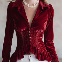 Red velvet pleated ruffled long sleeve blouse by Christine Brewer, featuring elegant ruffles and a flattering fit.