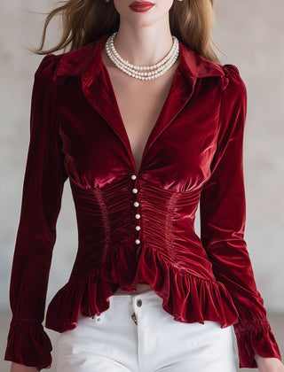 Red velvet pleated ruffled long sleeve blouse by Christine Brewer, featuring elegant ruffles and a flattering fit.