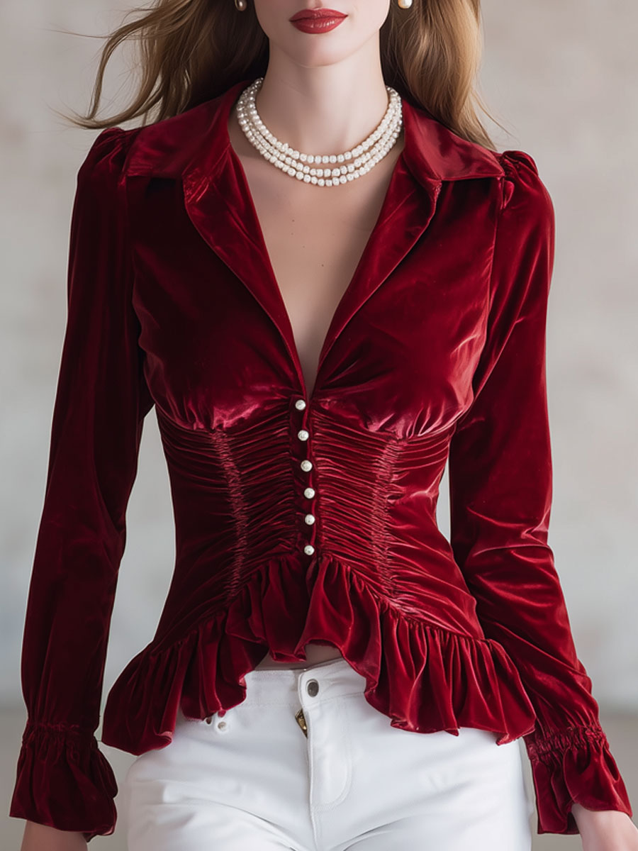 Red velvet pleated ruffled long sleeve blouse by Christine Brewer, featuring elegant ruffles and a flattering fit.