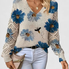Christine Brewer Whitney floral V-neck cardigan for women, featuring a colorful floral pattern and lightweight knit fabric.