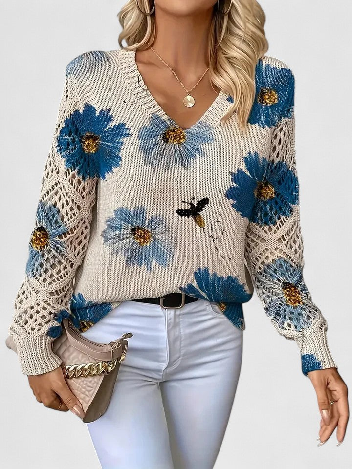 Christine Brewer Whitney floral V-neck cardigan for women, featuring a colorful floral pattern and lightweight knit fabric.