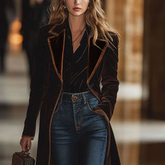 Brown velvet colour-block lapel coat with pockets by Christine Brewer, featuring a stylish collar and elegant design.