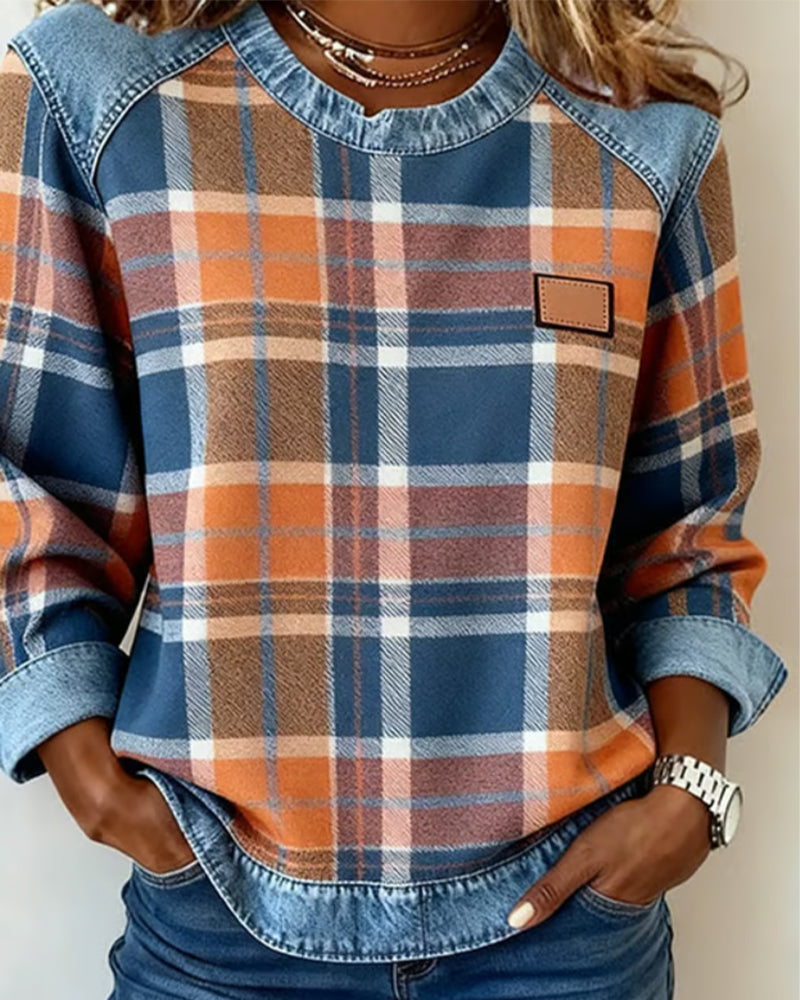 Genevieve patchwork sweatshirt for women by Christine Brewer, cozy hoodie with colorful patchwork design and soft fabric.