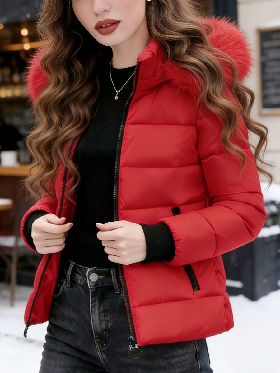 Nele | Women's Puffer Coat Red Faux Fur Hood Quilted Ski Insulated Warm Zip-Up