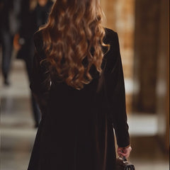 Brown velvet colour-block lapel coat by Christine Brewer with front pockets, stylish and cozy outerwear for colder days.