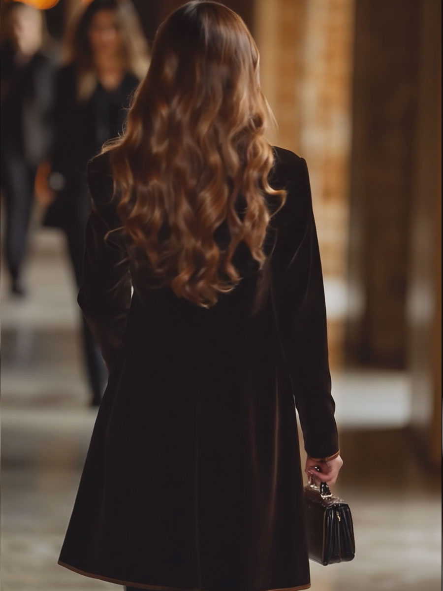 Brown velvet colour-block lapel coat by Christine Brewer with front pockets, stylish and cozy outerwear for colder days.