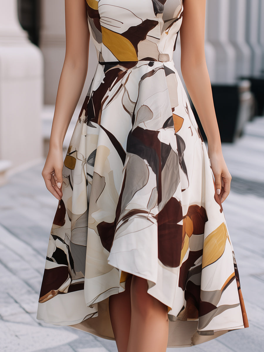 Abstract floral sleeveless fit and flare midi dress by Christine Brewer, featuring a vibrant pattern and flowing silhouette.