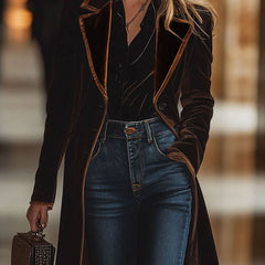 Brown velvet colour-block lapel coat with pockets by Christine Brewer, featuring a stylish collar and cozy fabric.