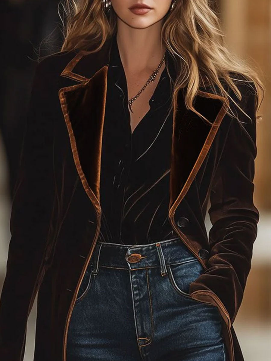 Brown velvet colour-block lapel coat with pockets by Christine Brewer, featuring a stylish tailored design and contrasting fabric accents.
