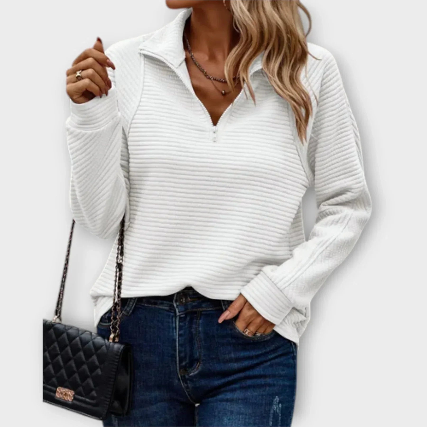 Katherine V-neck half-zip sweater for women by Christine Brewer, featuring a cozy knit design and a stylish half-zip front.