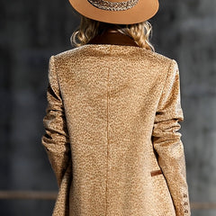 Khaki leopard print colour-block velvet blazer by Christine Brewer, shown on a hanger with front view and tailored fit.