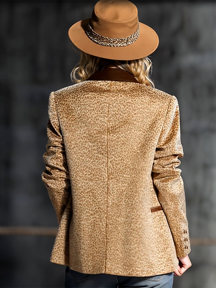 Khaki leopard print colour-block velvet blazer by Christine Brewer, shown on a hanger with front view and tailored fit.