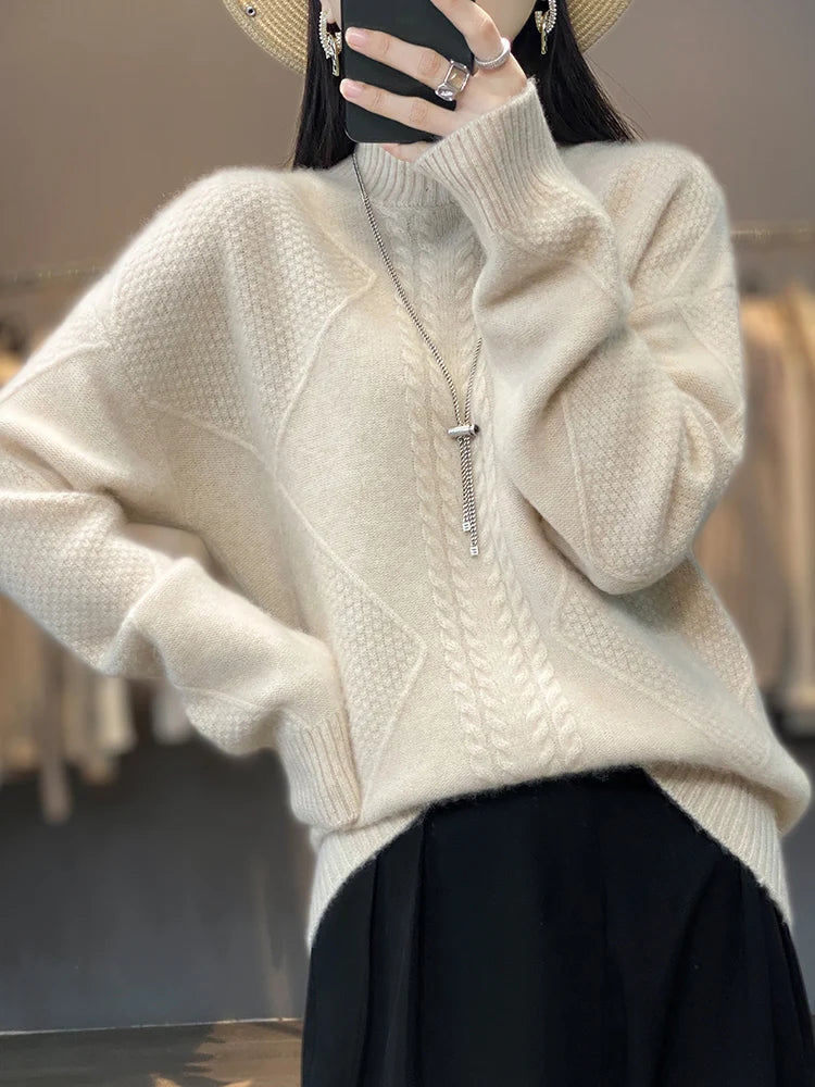 Christine Brewer Selena cable knit turtleneck sweater for women, featuring a cozy, textured knit design and classic turtleneck fit.
