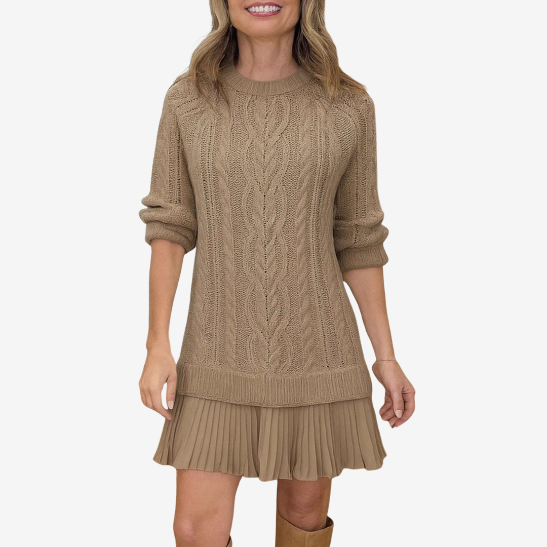 Leslie knit sweater dress for women by Christine Brewer, featuring a cozy, stylish design with long sleeves and a fitted silhouette.