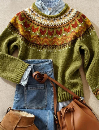Christine Brewer Anna Nordic sweater for women, showcasing cozy knit with Nordic patterns in a stylish, comfortable fit.