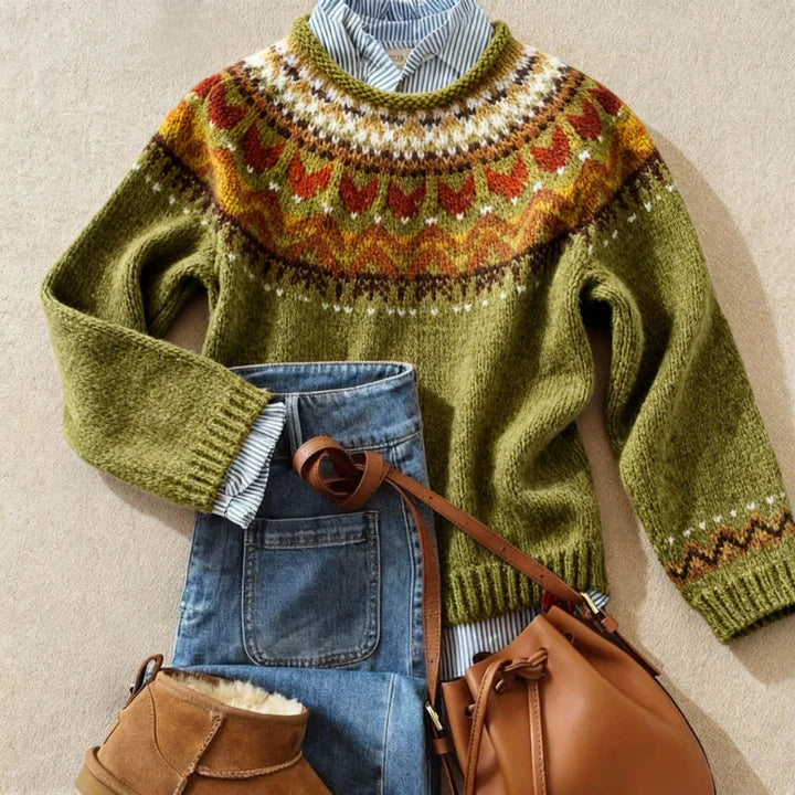 Christine Brewer Anna Nordic sweater for women, showcasing cozy knit with Nordic patterns in a stylish, comfortable fit.